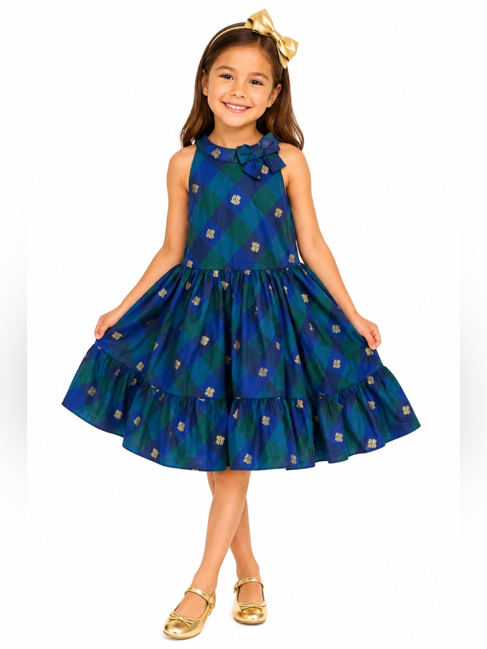 Janie and Jack Girls Size 6 Blue Green Plaid Gold Holiday Party Dress